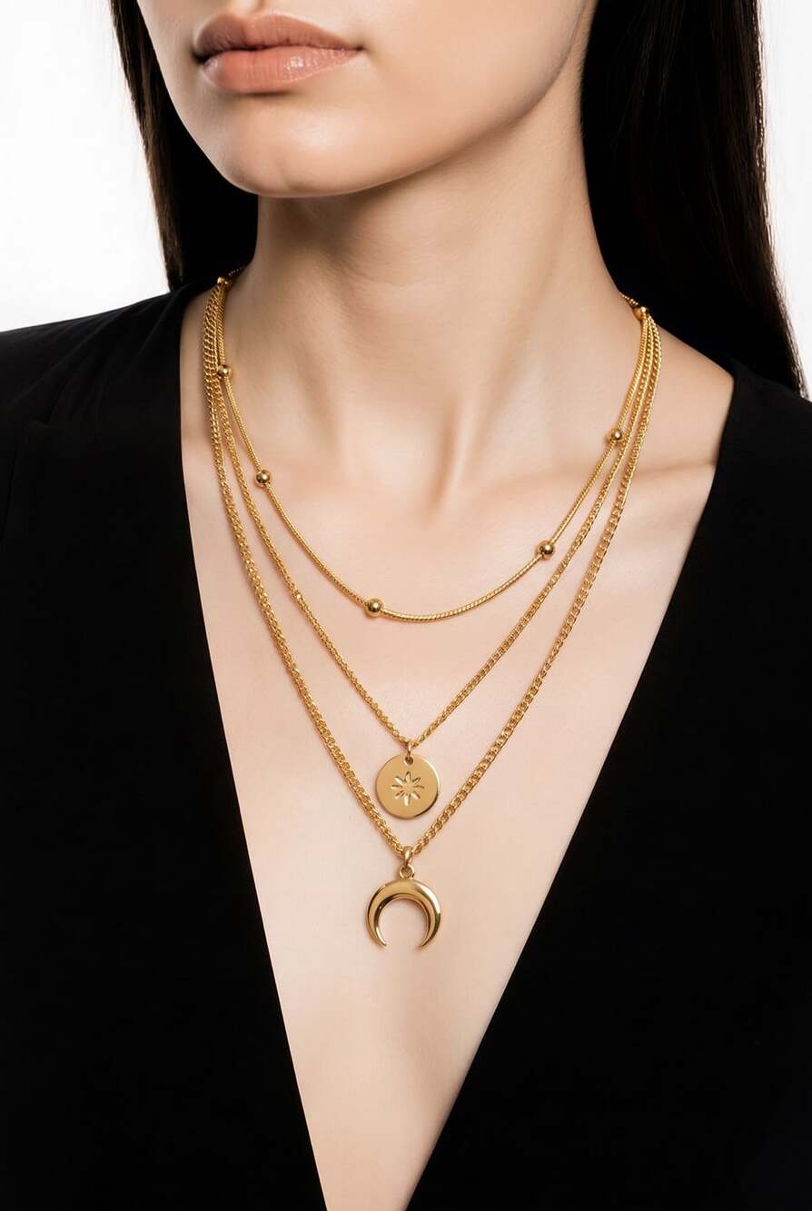 KKANDPP 18KGP Gold Layered Necklace Moon Star Pendant